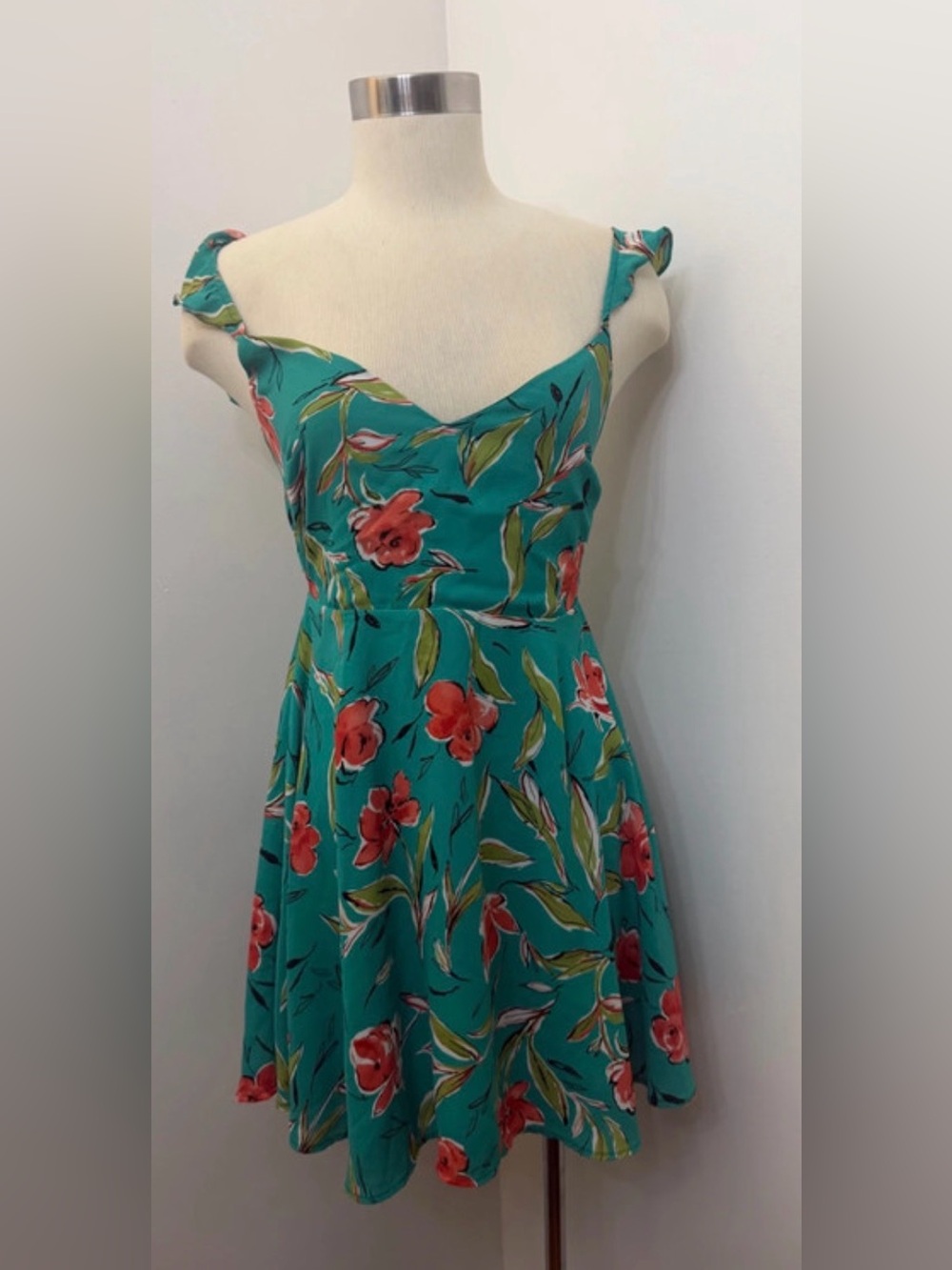 Lulu's Teal Floral Tie-Shoulder Mini Dress